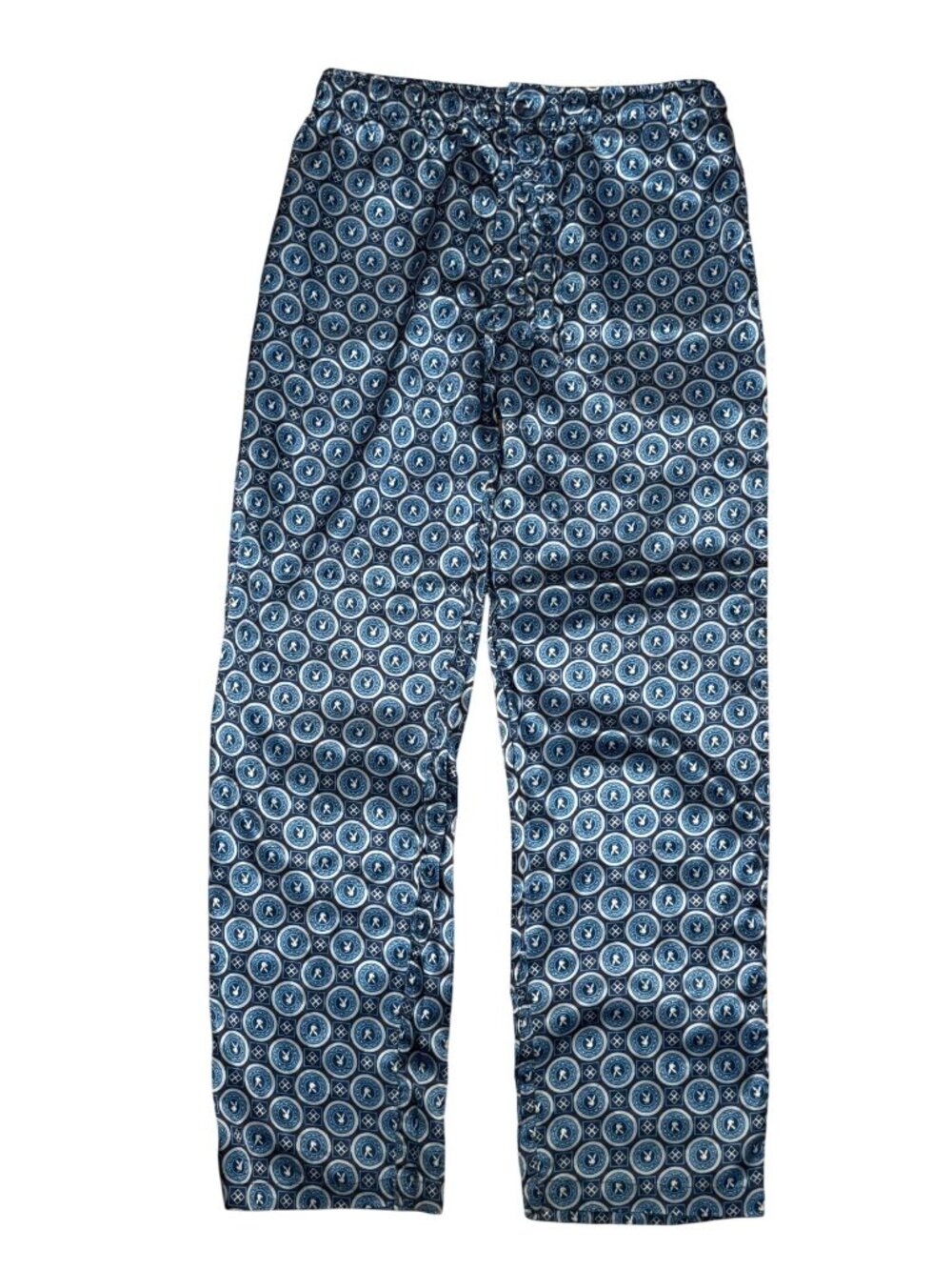 Vintage Playboy Blue Patterned Satin Lounge Pants Pajama Bottoms Size S/M Drawst